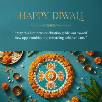 Happy diwali greeting card with turquoise background featuring floral rangoli pattern and traditional lit clay oil lamps.