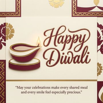 Paper craft diwali card with stylized lit lamp and elegant floral elements on neutral cream background for celebrations.