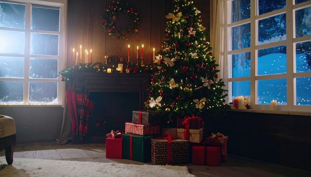 New Year tree, candle, gifts, window, winter, background, Christmas 