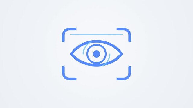 Iris scan frame around eye icon with rotating scan arcs then turning green with check, eye recognition