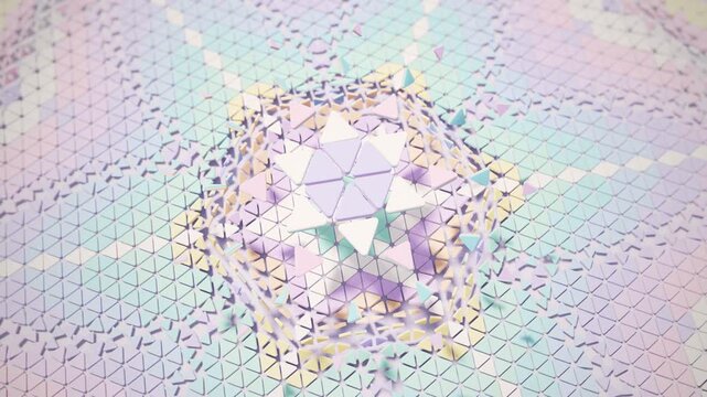 Extruded pastel triangles flipping and rotating into kaleidoscopic six fold symmetrical 3D mosaic patterns