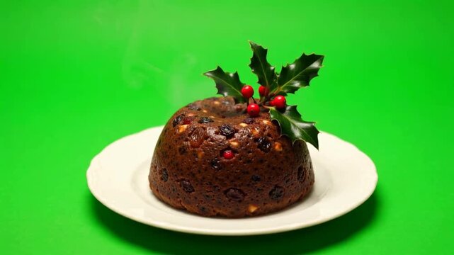 Traditional christmas pudding with holly on green screen background