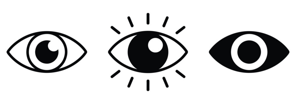  Eye icon set, eyesight symbols for vision, viewing, observation, visibility, and visual perception in clean flat style vector designs