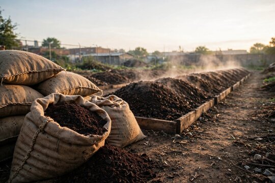 Burlap sacks of coffee grounds beside compost windrow at dawn