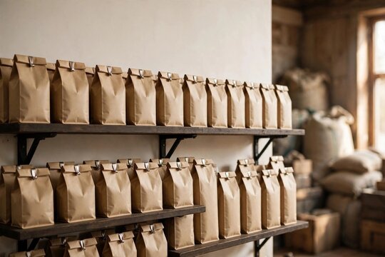 Blank kraft coffee bags with tin ties on a roastery shelf