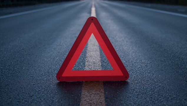 Red reflective emergency triangle warning sign placed on the center of a dark asphalt road surface during the dim light of the early evening