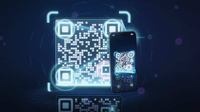 3D Smartphone Scanning Glowing QR Code With Laser Beam Data Particles And Success Checkmark Seamless Loop