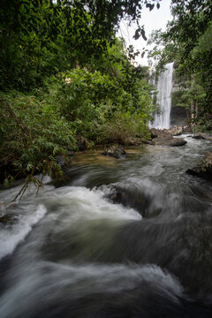 Vertical View of Rapids and Huai Luang Waterfall in Green Forest