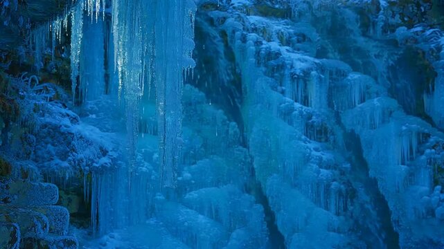 Frozen ice waterfall wall with glowing blue icicles, majestic winter canyon backdrop, cinematic ice formation texture background