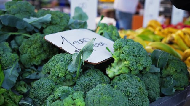 Close-up of fresh green broccoli arranged for sale at local farmers market. healthy food ingredients, farm-fresh vegetables, nutritious cooking essentials, traditional market shopping