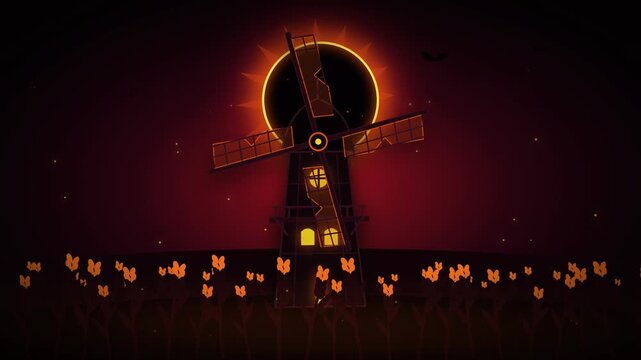 Cursed gothic windmill animation with solar eclipse and flying bats dark fantasy loop. Mysterious dark windmill during total solar eclipse seamless background animation
