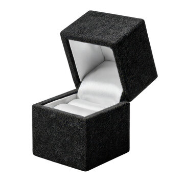 Black velvet ring jewelry box with hinged lid open and white satin interior, isolated on transparent background