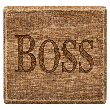 Boss text engraved on a weathered brown wooden sign with a rough wood grain texture, isolated on transparent background