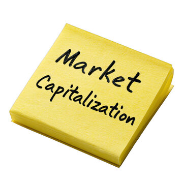 Market Capitalization handwritten on a yellow sticky note, isolated on transparent background