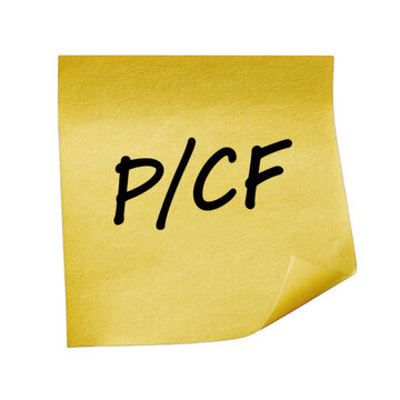 PCF handwritten in black marker on a yellow textured sticky note with a curled lower corner, isolated on transparent background