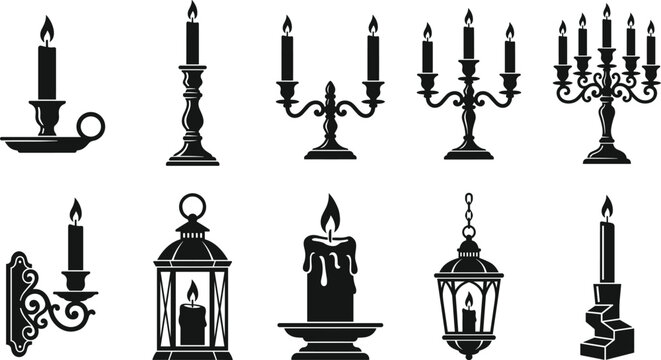 Vintage candle and candelabra silhouette icon set featuring classic lanterns sconces and burning wax vectors