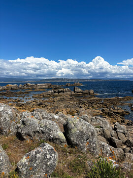 Scenic Atlantic Ocean Views from the Coastal Boardwalk in O Grove, Galicia