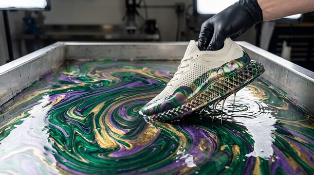 Hydro dipping a custom sneaker into swirled metallic paint, demonstrating artisan water transfer printing technique on innovative cruelty-free synthetic footwear.