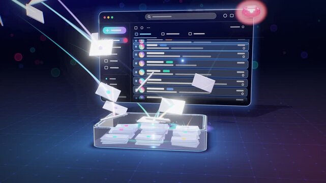 3D Email Inbox Filling Up Envelopes Flying Into Glass Tray Overflowing Unread Notification Badge Seamless Loop