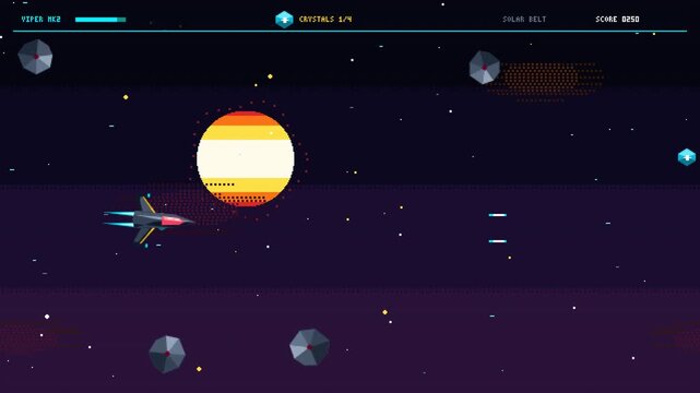 Twin plasma cannons discharge energy as an armored combat vessel patrols the stellar void, harvesting radiant power crystals and triggering explosive telemetry readout spikes.