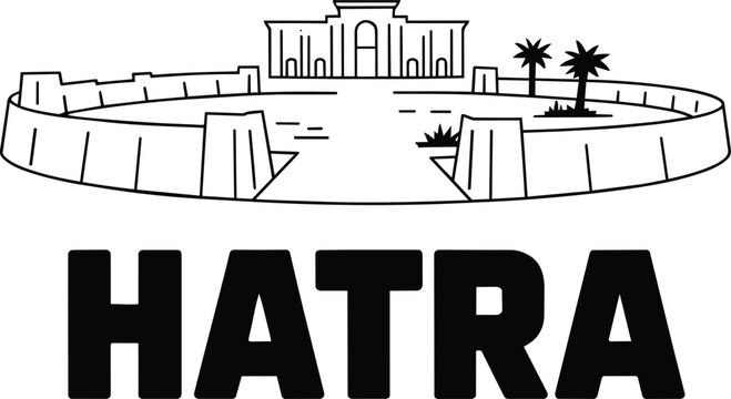 Hatra ruins historic archaeological site outline drawing with prominent temple architecture