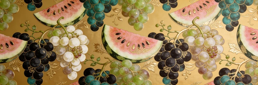 An art deco seamless pattern of grape clusters and watermelon slices in teal charcoal and pink green with fine gold linework on a golden tan background