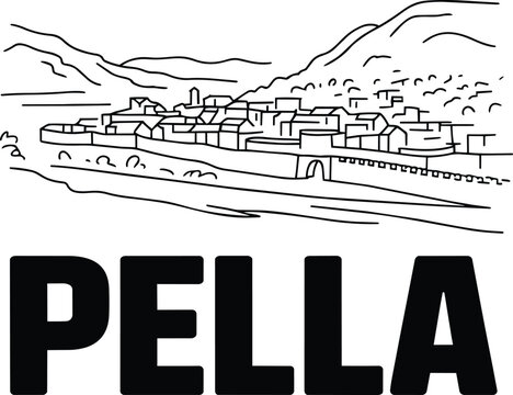 Pella city skyline outline drawing with historic stone walls and ancient buildings in Greece