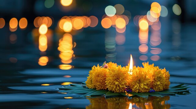 Banana leaf krathong decorated with yellow marigold flowers floating on a dark river during Loy Krathong