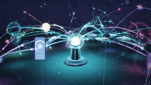 3D IoT smart device shapes connected by glowing network lines around central hub