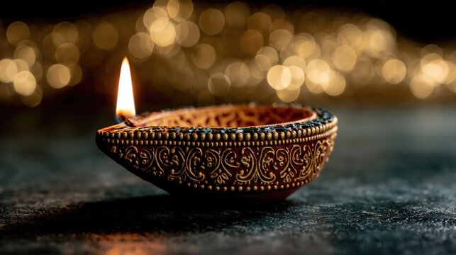 Diwali diya lamp with ornate golden details casting a long warm shadow on a dark surface