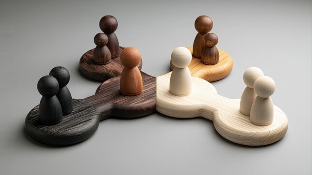 Decentralized leadership represented by equally elevated wooden figurines and small groups on a neutral gray surface