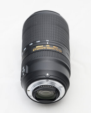 Gothenburg, Sweden - september 11 2026: Rear bayonet mount view of Nikon 70-300mm telephoto zoom lens.