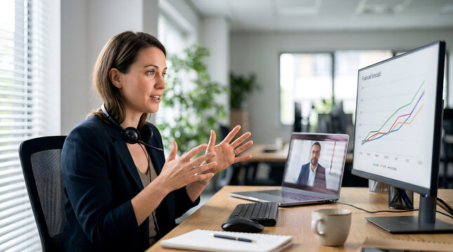 Business colleagues reviewing financial growth charts and analytics on computer monitor in bright office
