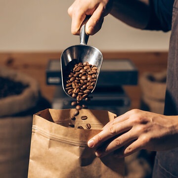 A barista in an apron pours roasted coffee beans from a metal scoop into a craft paper bag. The process of packaging Arabica coffee in a coffee shop or roastery a concept of freshness