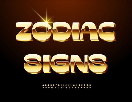 Vector Modern emblem Zodiac Signs. Cool Golden 3D Font. Exclusive set of Classy Alphabet Letters and Numbers.