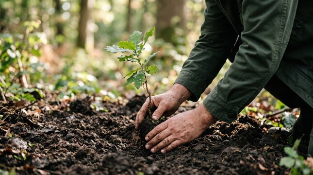 Close-up of hands planting young oak sapling in rich soil, environmental conservation action, reforestation effort, sustainable agriculture practice, growth symbolism