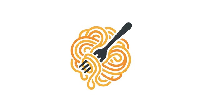 Minimalist vector illustration of spaghetti or noodles twirled around a black fork, isolated on a white background, perfect for restaurant branding and food logos.