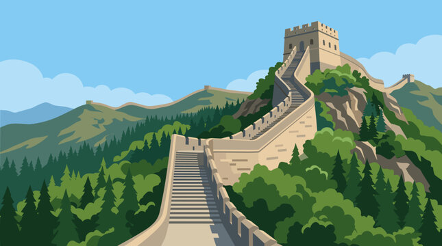 Low-angle vector illustration of the Great Wall of China winding through lush green mountain ridges with ancient watchtowers and stone stairs under a clear blue sky.