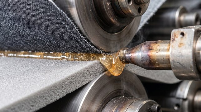 Close-up of molten hot-melt adhesive applying glue to bond fabric and foam layers on automated roll-to-roll industrial lamination machine in factory manufacturing process
