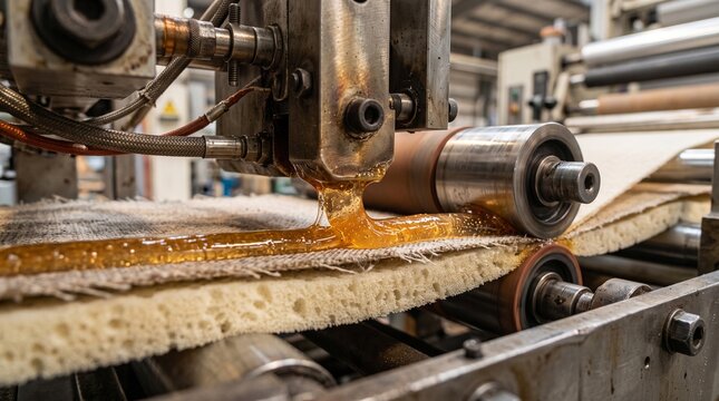 Close-up of molten hot-melt adhesive applying glue to bond fabric and foam layers on automated roll-to-roll industrial lamination machine in factory manufacturing process