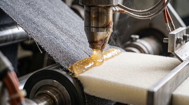 Close-up of molten hot-melt adhesive applying glue to bond fabric and foam layers on automated roll-to-roll industrial lamination machine in factory manufacturing process