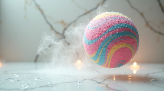 Esfera de bomba de ba&ntilde;o flotando en el aire, fondo de spa minimalista, colores vibrantes