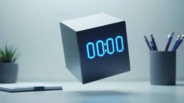 Cubo temporizador digital con una elegante superficie met&aacute;lica y una pantalla de color azul brillante, sobre un escritorio