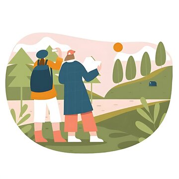 Two Hikers Exploring Nature Landscape with Map and Camera Flat Vector Illustration