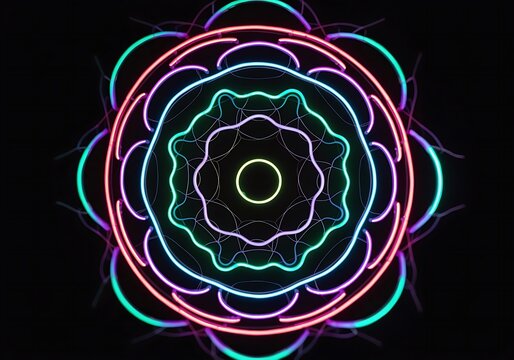 Colorful neon glowing circular flower pattern on a black background