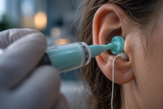 A gloved hand holds a teal otoscope at a person's ear during an examination. The close view shows the ear, the instrument tip, and hair against a blurred indoor clinical setting