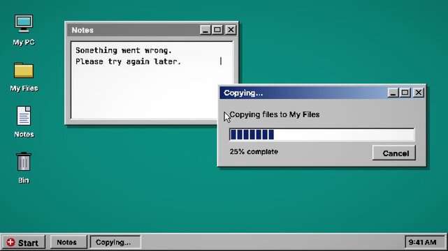 Retro computer desktop with a notepad, a stalled file copy and an error message, nineties and Y2K grey and navy interface, 4K