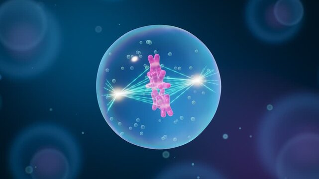 3D cell division mitosis animation showing chromosomes condensing aligning separating and splitting
