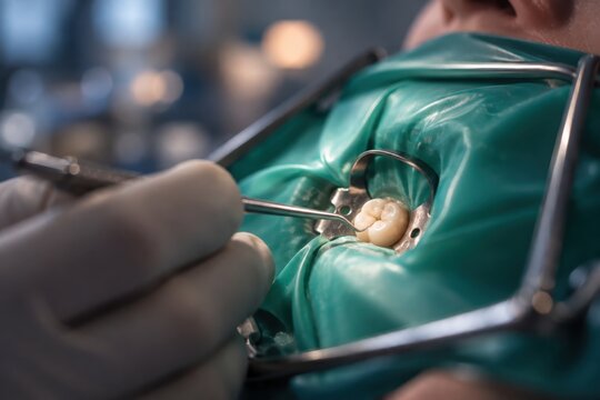 A dentist uses a metal instrument on a tooth isolated by a rubber dam during treatment. Gloved hands and dental equipment are visible in a close-up view inside a dental clinic