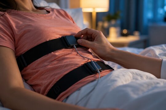 A person reclines on a bed at night while a hand adjusts a sensor fastened to a chest strap. Cables connect the device, with a lamp and window visible in the room